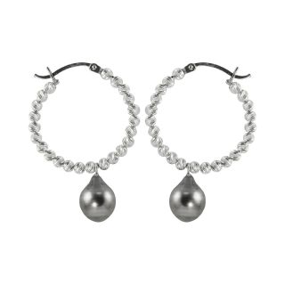 Black Tahitian Pearl & Sparkle Bead Hoop Earrings, Womens