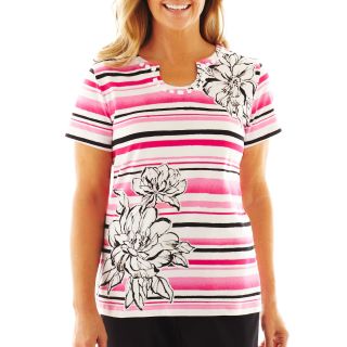 Alfred Dunner Letters From Paris Striped Asymmetrical Floral Knit Top Petite,