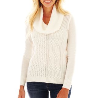 Cowlneck High Low Cable Sweater   Petite, White, Womens