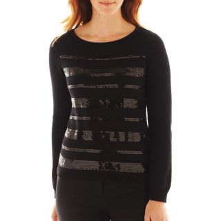 LIZ CLAIBORNE Long Sleeve Sequin Striped Sweater, Black, Womens