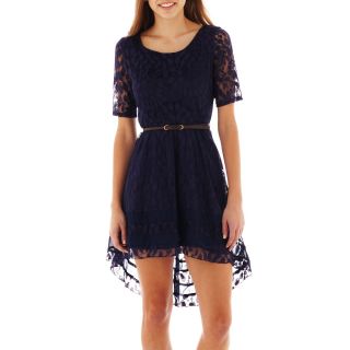 My Michelle Lace High Low Belted Half Sleeve Dress, Navy 1