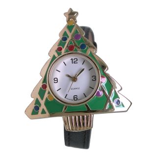 Womens Christmas Tree Watch with Leather Strap, Gold