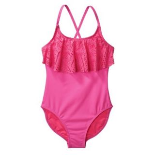 Girls 1 Piece Ruffled Swimsuit   Pink XS