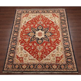 Hand knotted Heriz Serapi Rust Blue Vegetable Dyes Wool Rug (10 X 14)