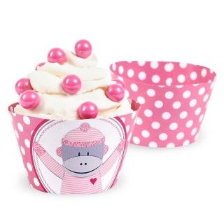 Sock Monkey Pink Reversible Cupcake Wrappers (12)