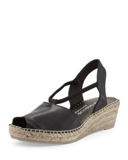 Womens Dainty Leather Slip On Espadrille Wedge, Black   Andre Assous
