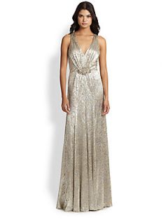 David Meister Beaded Metallic Gown   Silver Taupe