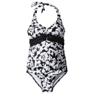 Womens Maternity Tie Neck Belted One Piece Swimsuit   Black/White XL