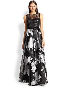 Teri Jon Sequin Lace Top & Layered Skirt Gown   Black Silver