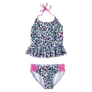 Girls 2 Piece Peplum Leopard Spot Tankini Swimsuit Set   White M