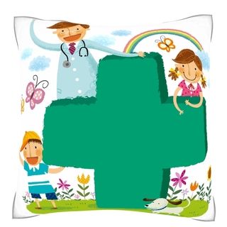 Custom Photo Factory Portrait Of Doctor And Two Children With Plus Sign 18 inch Velour Throw Pillow Multi Size 18 x 18
