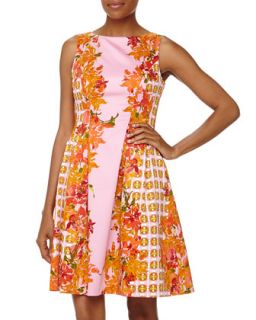 Sleeveless Fit And Flare Floral Poplin Dress, Parisian Pink