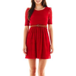 By & By Belted Lace Dress, Berry