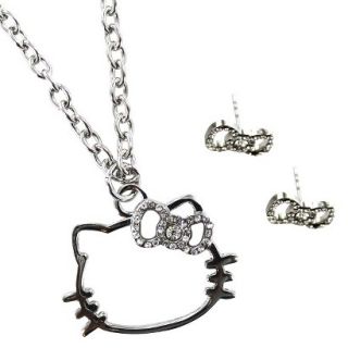 Hello Kitty Necklace Set with Crystals   Silver/Clear