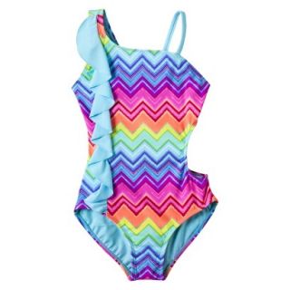 Girls 1 Piece Ruffled Chevron Swimsuit   Rainbow XS