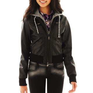 Hooded Faux Leather Jacket, Black, Womens