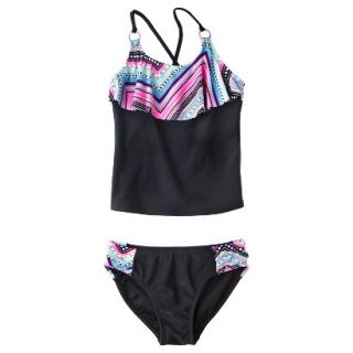 Girls 2 Piece Ruffled Tankini Swimsuit Set   Black XS