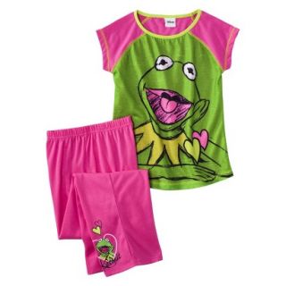 Kermit Girls 2 Piece Short Sleeve Pajama Set   Pink/Green XS