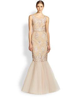 Notte by Marchesa Re Embroidered Lace & Tulle Mermaid Gown   Rose Gold