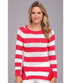 Clich Mode Stripe with Pointelle Raglan Womens Sweater (Red)
