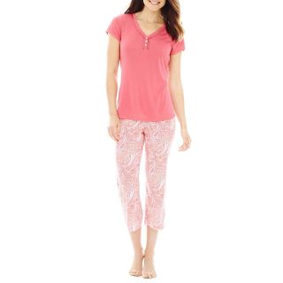 LIZ CLAIBORNE Short Sleeve Shirt and Capri Pajama Set, Rose Pais, Womens