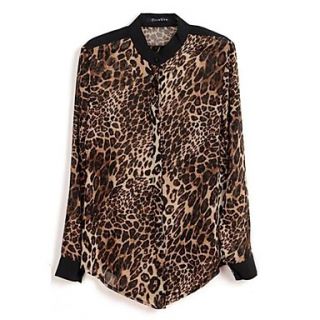 Womens Leopard Printed Casual Button Down Chiffon Shirt Blouse