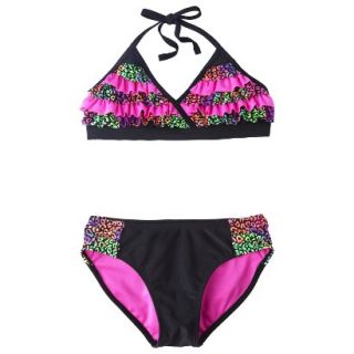 Girls 2 Piece Ruffled Leopard Spot Bikini Swimsuit Set   Black/Pink S