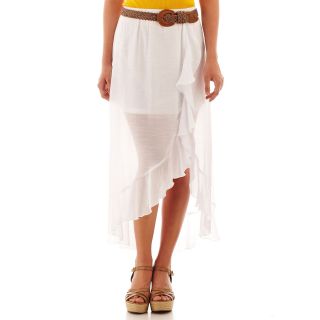 By & By Belted Ruffle Front High Low Gauze Skirt, White, Womens
