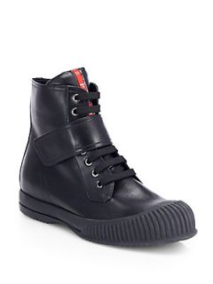 Prada Leather Lace Up High Top Sneakers   Nero Black