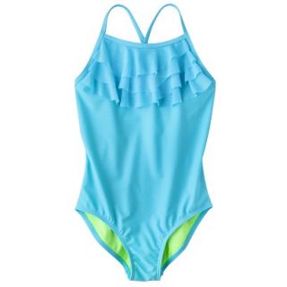 Girls 1 Piece Ruffled Swimsuit   Aqua L