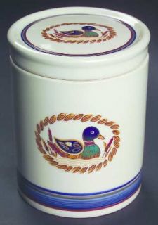 Epoch American Decoy Tea Canister & Lid, Fine China Dinnerware   Blue&Red&Gray B