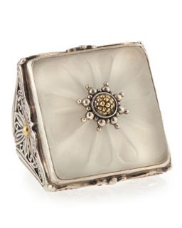 Square Flower Carved Frosted Crystal Ring, Size 7