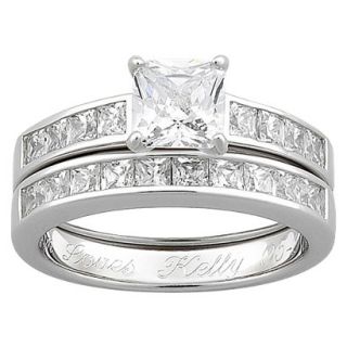 Sterling Silver Cubic Zirconia 2 piece Square Engraved Wedding Ring Set   7