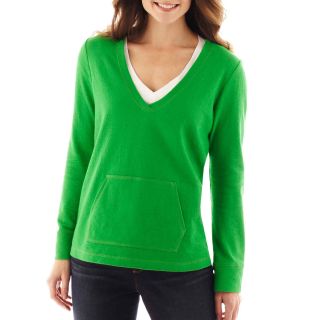 LIZ CLAIBORNE Long Sleeve V Neck Sweatshirt, Fern Leaf, Womens