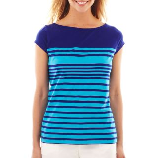LIZ CLAIBORNE Short Sleeve Striped Tee, Blue, Womens