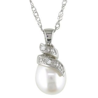 10K White Gold Diamond and Freshwater Pearl Pendant with Chain