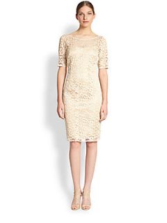 Laundry by Shelli Segal Metallic Embroidered Lace Dress   Gold