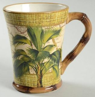 Las Palmas Mug, Fine China Dinnerware   Palm Tree,Words,Linen Border,Bamboo Edge