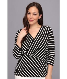 Vince Camuto Plus Size 3/4 Sleeve Asymmertrical Retro Stripes Top Womens Long Sleeve Pullover (Black)