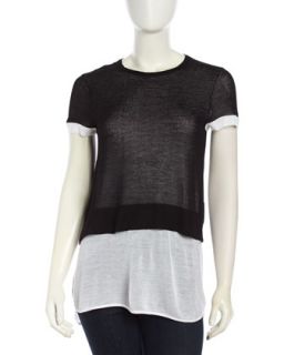 Button Back Layered Tee, Black/White