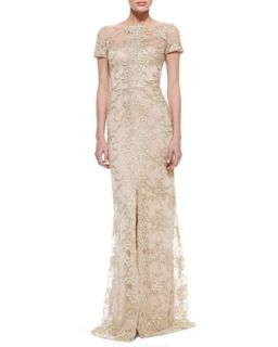 Womens Short Sleeve Lace Overlay Gown   David Meister