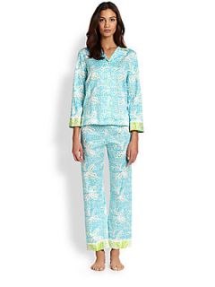 Oscar de la Renta Sleepwear Printed Cotton Sateen Pajama Set   Blue Ivy Print