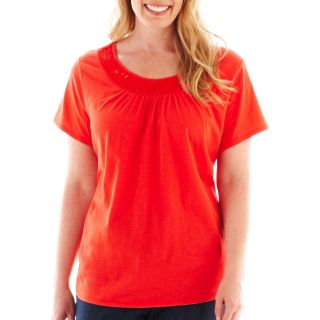 St. Johns Bay Short Sleeve Lace Inset Tee   Plus, Bittersweet Berry, Womens