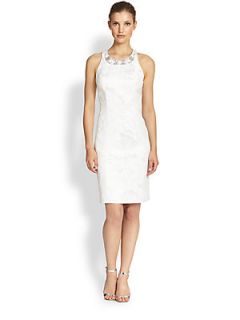 Teri Jon Floral Embroidered Jacquard Dress   White