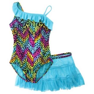 Girls 1 Piece Leopard Spot Swimsuit and Skirt Set   Aqua XL