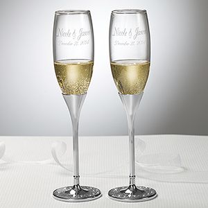 Personalized Wedding Champagne Flute Set   Silver & Crystal