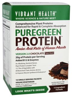 Vibrant Health   Pure Green Protein Powder Chocolate 10 Packets   13.25 oz.