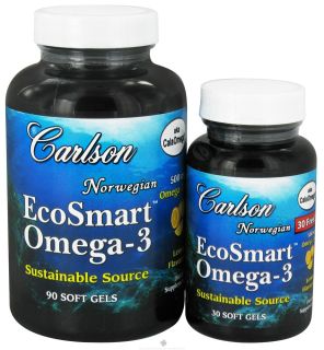 Carlson Labs   Norwegian EcoSmart Omega 3 Lemon Flavored 500 mg.   Bonus Pack 90 + 30 Softgels Formerly CalaOmega High DHA Omega 3 From Calamari