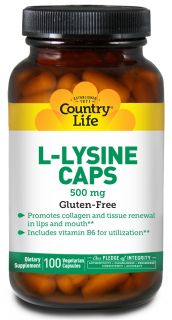 Country Life   L Lysine Free Form Amino Acid Supplement with B 6 500 mg.   100 Vegetarian Capsules