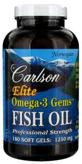 Carlson Labs   Norwegian Elite Omega 3 Gems Fish Oil Professional Strength Lemon Flavored 1250 mg.   180 Softgels LUCKY PRICE